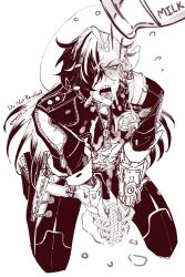  1boy blush boothill_(honkai:_star_rail) bound bound_wrists cyborg forced_drinking hair_over_one_eye highres holster honkai:_star_rail honkai_(series) kneeling long_hair male_focus mewso milk multicolored_hair puddle sharp_teeth solo teeth tongue tongue_out two-tone_hair 