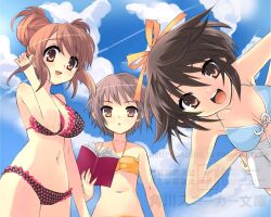  3girls :d asahina_mikuru bikini bikini_top_only blue_bikini blue_sky book brown_hair cloud day hair_bun hair_ribbon hand_on_own_hip heart heart_print highres holding holding_book ito_noizi multiple_girls nagato_yuki navel official_art open_mouth parted_lips polka_dot polka_dot_bikini print_bikini purple_hair ribbon second-party_source short_hair shorts single_hair_bun sky smile stomach suzumiya_haruhi suzumiya_haruhi_no_yuuutsu swimsuit teeth thighs tongue upper_teeth_only watermark white_shorts yellow_bikini yellow_ribbon 