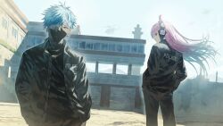  1boy 1girl aircraft blue_hair commentary crazy_raccoon earrings fagi_(kakikaki) fake_horns hair_over_one_eye headphones helicopter horns jewelry mask mouth_mask pink_hair selly55 short_hair vanilla_(crazy_raccoon) virtual_youtuber 