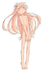  &gt;_&lt; 1girl 999knight bandaid bandaid_on_face blonde_hair blush blush_stickers character_request closed_eyes closed_mouth collarbone completely_nude copyright_request covering_crotch covering_privates crown feet flat_chest floating_hair forehead full_body furrowed_brow hair_ornament highres jaggy_lines loli long_hair mini_crown monochrome navel nipples nude nude_cover original own_hands_together simple_background sketch skinny solo standing sweat thick_eyebrows tiptoes toes v_arms very_long_hair wavy_mouth white_background  rating:Questionable score:40 user:maimaimai