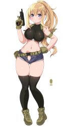  1girl :3 belt blonde_hair blush boots breasts crop_top dd_(ijigendd) full_body gloves grey_eyes gun handgun highres holding holding_gun holding_weapon large_breasts long_hair looking_at_viewer m1911 navel original ponytail short_shorts shorts simple_background skin_tight smile solo thighhighs unbuttoned weapon white_background 