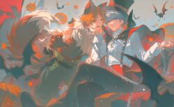 2boys absurdres animal_ears ascot bakutiku bat_(animal) belt_buckle black_bow black_bowtie black_pants black_sash black_shoes blue_eyes bow bowtie brown_eyes brown_gloves brown_hair brown_vest buckle buttoned_cuffs buttons cape chain chain_leash closed_mouth collar collared_cape collared_shirt crossed_legs fangs feet_out_of_frame fox fox_ears fox_tail fur_(clothing) gloves green_pants grey_hair halloween hanamura_yousuke hand_on_another&#039;s_cheek hand_on_another&#039;s_face hat high_collar highres holding holding_chain leash long_sleeves looking_at_viewer male_focus multiple_boys narukami_yu open_mouth pants parted_bangs persona persona_4 pumpkin red_cape red_collar sash shirt shoes short_hair side-by-side sky star_(symbol) suspenders swept_bangs tail three_quarter_view top_hat vest waist_sash white_ascot white_shirt white_sleeve_cuffs white_sleeves yaoi