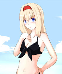  1girl alice_margatroid alternate_costume bikini bikini_day black_bikini blonde_hair blue_eyes blue_sky blush cloud commentary_request cookie_(touhou) day expressionless hairband hand_on_own_hip hinase_(cookie) looking_at_viewer medium_hair navel open_mouth outdoors red_hairband sakuna_brownie sky solo swimsuit touhou upper_body 