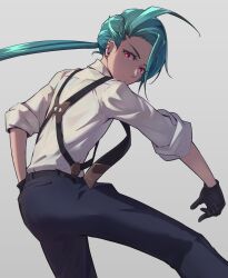  1girl ahoge androgynous arms_ai ass asymmetrical_bangs black_gloves black_necktie black_pants bright_pupils closed_mouth collared_shirt ear_piercing earrings gloves green_hair highres jewelry long_hair low_ponytail necktie nintendo pants piercing pokemon pokemon_sv ponytail red_eyes reverse_trap rika_(pokemon) shirt solo spread_legs suspenders triangle_earrings white_pupils 