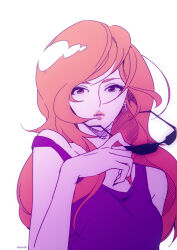  1girl bare_shoulders brown_hair camisole commentary earrings hanaji holding holding_removed_eyewear jewelry long_hair lupin_iii mine_fujiko parted_lips removing_eyewear simple_background solo sunglasses unworn_eyewear white_background 