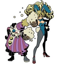 1boy 1girl alcohol animal_ears beer beer_mug blonde_hair blue_bow blue_bowtie blue_eyes blue_leotard boots bow bowtie breasts brown_shoes cleavage clown_nose cup curly_hair d_d_work dragon_quest dragon_quest_iii facepaint full_body gadabout_(dq3) grey_boots grey_pantyhose hand_on_own_hip hat high_heels holding holding_cup leotard long_hair medium_breasts mug neck_ruff pantyhose party_hat playboy_bunny rabbit_ears rabbit_tail shoes smile standing strapless strapless_leotard striped_bodysuit tail white_background white_wrist_cuffs wrist_cuffs 