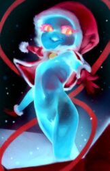  1girl blue_skin box breasts capelet christmas cleft_of_venus colored_skin cowboy_shot crossed_legs from_below from_side ghost_girl gloves glowing glowing_eyes glowing_pussy glowing_skin groin hat in_box in_container khaz light_particles lips loli looking_to_the_side monster_girl navel night night_sky nipples nude open_mouth original outdoors outstretched_arms parted_lips pussy red_eyes ribs santa_hat see-through_body shiny_skin simple_background sky small_breasts smile snow snowing solo spread_fingers teeth thighs wind yellow_eyes  rating:Explicit score:29 user:secret64