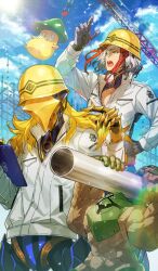  2boys aigis_(fate) arm_above_head armor armor_under_clothes avicebron_(fate) black_armor black_bodysuit blonde_hair blue_bodysuit blue_sky bodysuit chaldea_logo chin_strap cleavage_cutout clipboard clothing_cutout cloud commentary_request construction covered_face crane_(machine) creature day familiar fate/grand_order fate_(series) fuun_karakuri_illya-jou golem golem_keter_malkuth grey_hair hand_on_own_hip hard_hat hat helmet high_collar holding holding_clipboard index_finger_raised industrial_pipe jacket kaworu_(kaw_lov) lens_flare long_hair long_sleeves male_focus medium_hair multicolored_hair multiple_boys nasu_kinoko odysseus_(fate) official_alternate_costume official_art open_mouth outdoors partially_open_jacket partially_unzipped pectoral_cleavage pectorals pointing red_hair scaffolding shouting sidelocks sky striped_bodysuit sunlight teeth third-party_source type-moon upper_teeth_only v-shaped_eyebrows white_hair white_jacket yellow_eyes yellow_hat zipper 