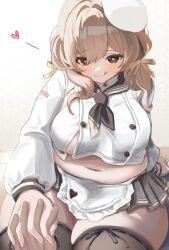  1girl :q absurdres aobaryuu belly big_belly bready_(nikke) breasts brown_eyes brown_hair commentary_request goddess_of_victory:_nikke grey_sailor_collar grey_skirt hair_ribbon hat heart heart-shaped_pupils highres interlocked_fingers large_breasts medium_hair navel plump pov ribbon sailor_collar shirt skirt smile solo symbol-shaped_pupils thick_thighs thighhighs thighs tongue tongue_out white_hat white_shirt 
