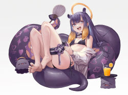 1girl absurdres barefoot bikini black_bikini blue_eyes blunt_bangs breasts center-flap_bangs choker cup dorsiflexion drinking_glass drinking_straw feet flower_knot food fruit fur-trimmed_choker fur_trim gradient_hair halo hand_fan handheld_game_console highres holding holding_handheld_game_console hololive hololive_english igonnaswing juice knees_up legs long_hair looking_to_the_side lying multicolored_hair ninomae_ina&#039;nis object_on_head on_back open_mouth orange_(fruit) orange_hair orange_juice orange_slice pointy_ears purple_hair shirt shirt_partially_removed side-tie_bikini_bottom simple_background small_breasts smile soles spread_toes straight_hair swimsuit takodachi_(ninomae_ina&#039;nis) teeth tentacle_hair tentacles thigh_strap toes tray upper_teeth_only virtual_youtuber white_background white_shirt rating:Sensitive score:43 user:danbooru