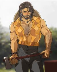  1boy absurdres arm_hair axe bara beard chest_hair commentary_request facial_hair fields_of_mistria full_beard hayden_(fields_of_mistria) highres holding holding_axe luiki male_focus mature_male medium_hair multicolored_hair muscular muscular_male one_eye_closed outdoors parted_lips pectoral_cleavage pectorals portuguese_commentary shirt sleeveless sleeveless_shirt solo two-tone_hair variant_set 