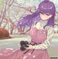  1girl :rehy_studio absurdres artist_name blush breasts camera cherry_blossoms commentary dress falling_petals fate/stay_night fate_(series) floating_hair hair_ribbon highres holding holding_camera large_breasts long_hair long_sleeves looking_down matou_sakura outdoors petals photo_background pinafore_dress pink_dress purple_eyes purple_hair red_ribbon ribbon single-lens_reflex_camera sleeveless sleeveless_dress smile solo sweater very_long_hair white_sweater 