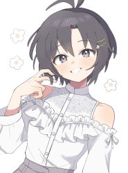  1girl absurdres antenna_hair black_eyes black_hair blush breasts clothing_cutout dot_nose flower forehead frilled_shirt frills grey_skirt grin hair_ornament hairpin hand_in_own_hair highres idolmaster idolmaster_(classic) idolmaster_million_live! idolmaster_million_live!_theater_days kikuchi_makoto kikuchi_makoto_(private_dress) long_sleeves looking_at_viewer parted_bangs pnt_0202 shirt short_hair shoulder_cutout sidelocks skirt small_breasts smile solo upper_body white_background white_flower white_shirt 