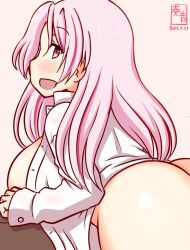  1girl alternate_costume artist_logo ass blush breasts collared_shirt dated dress_shirt from_behind kanon_(kurogane_knights) kantai_collection large_breasts logo long_hair looking_at_viewer looking_back luigi_di_savoia_duca_degli_abruzzi_(kancolle) one-hour_drawing_challenge open_clothes open_shirt pink_background pink_eyes pink_hair shirt simple_background solo white_shirt 