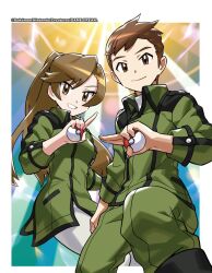  1boy 1girl brown_eyes brown_hair closed_mouth coach_trainer_(pokemon) commentary_request company_name copyright_name copyright_notice eyelashes green_jacket green_pants holding holding_poke_ball holding_with_gesture index_finger_raised jacket long_hair nagimiso nintendo official_art pants poke_ball poke_ball_(basic) pokemon pokemon_lgpe pokemon_tcg ponytail salute short_hair smile teeth two-finger_salute 
