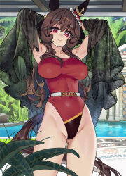  1girl animal_ears breasts brown_hair closed_mouth commentary gentildonna_(umamusume) highleg highleg_one-piece_swimsuit highres horse_ears horse_girl horse_tail large_breasts long_hair looking_at_viewer one-piece_swimsuit red_eyes red_one-piece_swimsuit sarcophage smile solo swimsuit tail thighs umamusume 
