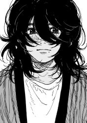 1girl androgynous commentary english_commentary greyscale hair_between_eyes highres kyomoto_(look_back) look_back_(manga) medium_hair mole mole_under_mouth monochrome my_nameisyoon solo upper_body 