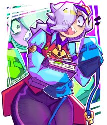  1girl :d @_@ absurdres artist_logo artist_name black_pants blue_necktie blue_shirt blue_sleeves book brawl_stars breasts cactus character_name colette_(brawl_stars) collared_shirt crazy_eyes dierelc female_focus hair_over_one_eye headband highres holding holding_book logo long_hair long_sleeves looking_at_viewer necktie open_mouth pants pin ponytail red_vest scrapbook sharp_teeth shirt smile solo teeth thick_thighs thighhighs thighs vest white_hair  rating:General score:2 user:Berenjena