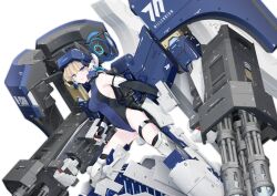  1girl bare_shoulders black_gloves black_leotard blonde_hair blue_archive blue_eyes blue_leotard blush boots breasts commentary_request exoskeleton gloves halter_leotard halterneck head-mounted_display highleg highleg_leotard highres large_breasts leotard long_hair mecha_musume multicolored_leotard official_alternate_costume sarasadou_dan sideboob simple_background solo thigh_boots thigh_strap toki_(abi-eshuh)_(blue_archive) toki_(blue_archive) two-tone_leotard white_background white_boots 