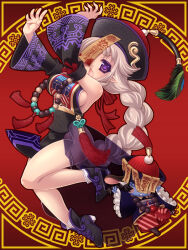  1girl ankle_boots bare_shoulders bead_necklace beads black_boots black_sleeves boots braid breasts detached_sleeves grey_hair hakoiri_nyanko hat jewelry jiangshi_costume long_hair mabinogi meandros medium_breasts necklace ofuda open_mouth outstretched_arms peacock_feathers pink_eyes player_character_(mabinogi) pointy_ears purple_pupils qingdai_guanmao red_background red_ribbon ribbon see-through_clothes sideboob single_braid sleeve_ribbon tassel text_in_eyes v-shaped_eyebrows very_long_hair wide_sleeves 