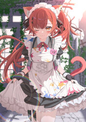  1girl :3 absurdres animal_ear_fluff animal_ears apron bell black_nails black_ribbon blush bule_blue_2 cat_ears cat_girl cat_tail center_frills clothes_pull commentary_request dress_pull frills gloves hair_ribbon highres long_hair looking_at_viewer maid maid_apron maid_headdress multiple_knives neck_bell neck_ribbon nekota_tsuna nekota_tsuna_(3rd_costume) one_eye_closed orange_eyes outdoors paint_on_clothes partially_fingerless_gloves puffy_short_sleeves puffy_sleeves red_hair red_ribbon red_tail ribbon short_sleeves side_ponytail skirt_hold solo tail virtual_youtuber vspo! 