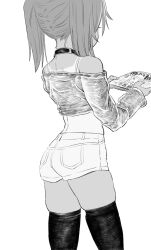  1girl ass bra_strap ebisujima_misato highres legs magazine_(object) medium_hair midriff monochrome original reading shirt shorts solo tan tanline thick_thighs thighs twintails yuma_(ebisujima_misato) 