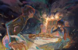  2boys ashford_academy_school_uniform black_hair black_jacket brown_hair bucket burger champagne_flute charles_zi_britannia code_geass commentary cup drinking_glass embers english_commentary evil_grin evil_smile fire food french_fries grin highres holding holding_burger holding_food indoors jacket ketchup ketchup_bottle kururugi_suzaku lelouch_vi_britannia long_sleeves looking_at_another male_focus meme multiple_boys mustard open_mouth painting_(object) parody picture_frame purple_eyes scene_reference school_uniform shinigami_wyvern short_hair smile smoke steamed_hams_(meme) sweat the_simpsons 
