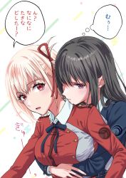  2girls black_hair blue_dress blue_ribbon blush breasts chorisow_(delta_chord) closed_mouth commentary_request dress highres hug hug_from_behind inoue_takina large_breasts long_hair long_sleeves lycoris_recoil lycoris_uniform multiple_girls neck_ribbon nishikigi_chisato parted_lips pout purple_eyes red_dress red_eyes ribbon speech_bubble thought_bubble translation_request white_background yuri 