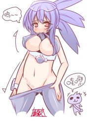  1girl :3 arrow_(symbol) blue_hair blue_pants blue_shirt blush body_writing breasts cameltoe chibi cleavage clothes_lift clothes_pull covered_erect_nipples ditienan_ddn eyewear_on_head goggles goggles_on_head kamen_rider kamen_rider_fourze_(series) kamen_rider_meteor large_breasts long_hair looking_at_viewer meteor_driver meteor_galaxy mouth_hold navel pants pants_pull personification pink_eyes ponytail rider-tan rider_belt shirt shirt_lift side_ponytail sleeveless sleeveless_shirt smile speech_bubble standing white_background 