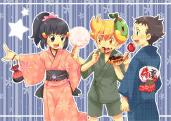  1girl 2boys barry_(pokemon) blonde_hair blue_eyes blue_hair blush brown_hair candy_apple chimchar cubexcube dawn_(pokemon) eating fan flower food gen_4_pokemon hair_ornament hairclip holding japanese_clothes kimono lucas_(pokemon) mask multiple_boys nintendo open_mouth orange_eyes piplup pokemon pokemon_(creature) pokemon_dppt ponytail smile star_(symbol) turtwig 