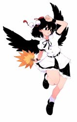  1girl arm_up black_eyes black_hair black_ribbon black_shoes black_skirt black_wings collared_shirt full_body hair_between_eyes hand_fan hat hauchiwa highres holding holding_fan loafers maguro_(mawaru_sushi) neck_ribbon paw_print_soles pointy_ears puffy_short_sleeves puffy_sleeves red_hat ribbon shameimaru_aya shirt shoes short_hair short_sleeves simple_background skirt socks solo standing standing_on_one_leg tokin_hat touhou white_background white_shirt white_socks wings wrist_cuffs 