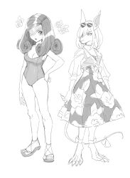  2girls animal_ears animal_nose ankle_ribbon bare_arms beatrix_(ff9) breasts burmecian clawed_feet claws cleavage curly_hair dede_(qwea_00000) dress eyepatch eyewear_on_head final_fantasy final_fantasy_ix fingernails floral_print flower freija_crescent full_body greyscale hair_over_one_eye hand_on_own_hip highres leg_ribbon long_hair medium_breasts medium_hair monochrome mouse_ears mouse_girl mouse_tail multiple_girls one-piece_swimsuit one_eye_covered print_dress ribbon rose sandals see-through_clothes see-through_shirt sharp_fingernails shirt sketch standing sunglasses swimsuit tail tail_ornament tail_ribbon white_background 