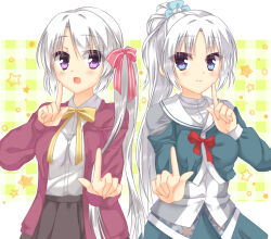  2girls :d ayachi_nene black_skirt blue_eyes blush bow bowtie casual closed_mouth collared_shirt commentary_request company_connection cowboy_shot crossover eyes_visible_through_hair fuyukichi_(nikoniko1567) green_background green_jacket green_serafuku green_skirt hair_between_eyes hair_ribbon hand_up index_fingers_raised jacket koi_dance long_hair long_sleeves look-alike looking_at_viewer multiple_girls neck_ribbon official_alternate_costume official_alternate_hairstyle open_clothes open_jacket open_mouth ponytail purple_eyes red_bow red_bowtie red_jacket red_ribbon ribbon sailor_collar sanoba_witch school_uniform senren_banka serafuku shirt side-by-side side_ponytail simple_background skirt sleeves_past_wrists smile star_(symbol) tomotake_yoshino very_long_hair white_hair white_sailor_collar white_shirt yellow_bow yellow_bowtie yellow_ribbon yuzu-soft 