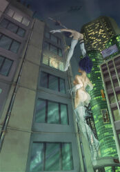  1girl abend86 absurdres aircraft apartment ass billboard broken_glass broken_window building check_commentary city commentary commentary_request drainpipe ghost_in_the_shell ghost_in_the_shell:_innocence glass glass_shards helicopter highres kusanagi_motoko night night_sky partial_commentary scenery sky skyscraper solo window 