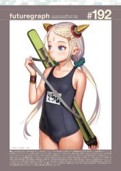  1girl black_one-piece_swimsuit black_school_swimsuit blue_eyes blue_one-piece_swimsuit bracelet check_copyright cop_craft:_dragnet_mirage_reloaded copyright_request cowboy_shot futuregraph grey_hair highres jewelry long_hair murata_range name_tag old_school_swimsuit one-piece_swimsuit original pointy_ears school_swimsuit simple_background solo source_request swimsuit tilarna_exedilika twintails white_background  rating:Sensitive score:30 user:lhixl90