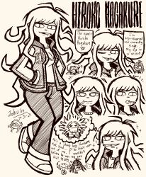  ... 1boy 3girls absurdres ahoge antenna_hair breasts character_name chibi chibi_inset cigarette cleavage closed_mouth danganronpa_(series) danganronpa_another_episode:_ultra_despair_girls dated doodle_inset english_text fukawa_toko full_body glasses greyscale hagakure_hiroko hagakure_yasuhiro hands_in_pockets hatching_(texture) heart highres imagining jacket josh-s26 mature_female mole mole_under_mouth monochrome multiple_girls multiple_views naegi_komaru open_clothes open_jacket open_mouth outstretched_arms pants round_eyewear shirt shoes signature simple_background smile speech_bubble spread_arms thought_bubble white_background 