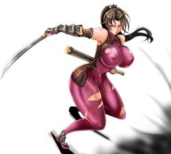  1041_(toshikazu) 1girl armor bodysuit breasts brown_hair covered_erect_nipples curvy huge_breasts katana long_hair ninja non-web_source ponytail purple_bodysuit solo soul_calibur sword taki_(soulcalibur) torn_clothes weapon 