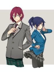  1boy 1girl arm_behind_back black_pantyhose blazer blue_eyes blue_hair blue_jacket blue_necktie border buttons collared_jacket collared_shirt cropped_legs ensemble_stars! expressionless fingernails fushimi_yuzuru genderswap genderswap_(ftm) green_pants grey_background grey_jacket grey_skirt hair_between_eyes hand_in_own_hair hand_on_own_chest hand_on_own_hip happy highres jacket kitakawayui lapels layered_sleeves letterboxed long_sleeves looking_at_viewer miniskirt mole mole_under_eye necktie notched_lapels open_mouth outside_border pants pantyhose pink_eyes pink_hair plaid_clothes plaid_pants plaid_skirt pleated_skirt pocket ponytail red_necktie saegusa_ibara shirt short_hair short_ponytail skirt smile striped_necktie teeth white_border white_shirt 