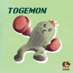  artist_logo artist_name boxing_gloves character_name digimon digimon_(creature) ecreau gloves green_background highres logo plant_monster red_gloves solo togemon 