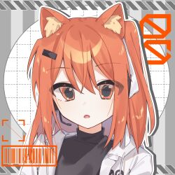  1girl a.i._voice adachi_rei animal_ear_fluff animal_ears barcode black_shirt cat_ears cat_girl hair_ornament hair_ribbon hairclip hamano_yui headset highres jacket kemonomimi_mode lens_eye looking_at_viewer medium_hair open_clothes open_jacket orange_eyes orange_hair parted_lips portrait ribbon shirt solo text_in_eyes utau white_jacket white_ribbon 