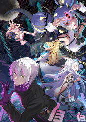  1boy 4girls ai_the_somnium_files aiba_(ai_the_somnium_files) akemi_(ai_the_somnium_files) animal_ears animal_hands artificial_eye ascot black_ascot black_hairband black_sleeves blonde_hair blue_hair cable_hair_ornament closed_eyes date_kaname detached_sleeves double_bun double_v gloves hair_bun hairband high_ponytail highres hologram idol kanitamago lizard_tail long_hair long_sleeves looking_at_viewer medium_hair multicolored_hair multiple_girls no_sleep_for_kaname_date_-_from_ai:_the_somnium_files open_mouth paw_gloves pink_hair ponytail rabbit_ears red_eyes sagan_iris see-through_body shirt smile streaked_hair tail third_eye tsukiyono_hina v very_long_hair white_hair white_shirt 