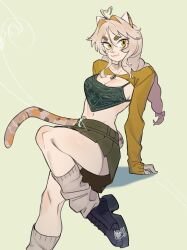  1girl :3 ahoge animal_ears artist_name belt black_shoes breasts cat_ears cat_girl cat_tail cleavage closed_mouth commission foot_out_of_frame green_background green_belt green_skirt hair_intakes heart heart_ahoge highres leg_up long_hair long_sleeves looking_at_viewer medium_breasts mole mole_under_mouth navel original shoes short_eyebrows simple_background skirt snowcie socks solo tail thick_eyebrows twintails yellow_eyes 