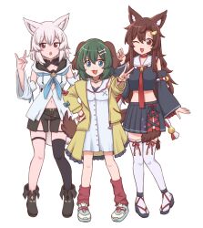  3girls animal_ears black_shirt black_shorts black_skirt black_thighhighs blue_eyes brown_hair cosplay detached_sleeves dog_ears dog_girl dog_tail dress fox_ears fox_shadow_puppet full_body green_hair highres hololive hood hoodie imaizumi_kagerou inubashiri_momiji inugami_korone inugami_korone_(1st_costume) inugami_korone_(cosplay) kasodani_kyouko looking_at_viewer multiple_girls ookami_mio ookami_mio_(1st_costume) ookami_mio_(cosplay) red_eyes shirakami_fubuki shirakami_fubuki_(1st_costume) shirakami_fubuki_(cosplay) shirt short_dress shorts single_thighhigh skirt smile tail thigh_strap thighhighs touhou virtual_youtuber white_background white_dress white_hair white_hoodie wolf_ears wolf_girl wolf_tail wool_(miwol) 