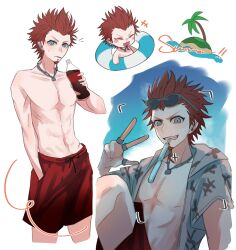  +++ 1boy abs bare_pectorals blue_eyes blush_stickers bottle chibi collarbone commentary_request cropped_legs danganronpa:_trigger_happy_havoc danganronpa_(series) drink ear_piercing earrings facial_hair goatee grin hand_in_pocket highres holding holding_bottle holding_drink innertube island jewelry knees_up kuwata_leon laughing male_focus male_swimwear multiple_earrings multiple_rings necklace ocean on_innertube open_clothes open_mouth open_shirt palm_tree patterned_clothing pectorals piercing red_hair red_male_swimwear red_swim_trunks ring shirt short_hair sitting smile soda standing swim_ring swim_trunks teeth three-finger_salute topless_male tree tuki_onigiri water white_background widow&#039;s_peak 