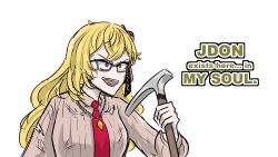  1girl :d absurdres blonde_hair dirty dirty_face dunkemz english_text hair_ribbon hand_up highres holding holding_pickaxe hololive hololive_indonesia jdon_in_my_soul_(meme) jewelry kaela_kovalskia kaela_kovalskia_(indonesian_casual) long_hair meme necktie open_mouth pendant pickaxe red_eyes red_necktie ribbon simple_background smile solo talking upper_body v-shaped_eyebrows virtual_youtuber white_background 