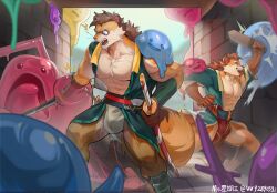  2boys abs animal_ears artist_name bara bulge chinese_commentary choi_yuhee_(xxl) choi_yuhyun_(xxl) commentary_request fundoshi furry furry_male highres holding holding_sword holding_weapon japanese_clothes katana loincloth male_focus multiple_boys muscular muscular_male nipples open_mouth pectorals ponytail punching sheath sheathed slime_(creature) smile surprised sword tail vv92890531 weapon weasel_boy weasel_ears weasel_tail whiskers wooden_sword xxl_woofia 