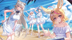  4girls ahoge animal_ear_piercing animal_ears beach black_hair blonde_hair blush camera closed_mouth collarbone commentary_request crossed_bangs double-parted_bangs dress earclip elf fox_ears fox_girl frilled_dress frills grey_eyes grey_hair hand_on_own_head hand_on_own_thigh heart heart_ahoge highres hololive lens_flare lion_ears lion_girl lion_tail long_hair looking_at_viewer medium_hair momosuzu_nene multicolored_hair multiple_girls nepolabo niwatori_(satoru0201) ocean off-shoulder_dress off_shoulder official_alternate_costume official_alternate_hairstyle omaru_polka open_mouth outdoors palm_tree pink_hair pointy_ears ponytail purple_eyes sandals shishiro_botan skirt skirt_tug sleeveless sleeveless_dress smile streaked_hair sundress tail tree virtual_youtuber waving_arm white_dress yukihana_lamy 