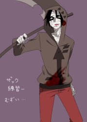  1boy arrow_print bandaged_chest bandaged_hand bandaged_head bandages black_eyes black_hair blood blood_on_clothes blood_stain cowboy_shot denim frown grey_hoodie hand_on_own_hip heterochromia holding holding_scythe hood hood_up hoodie isaac_foster jeans kurimilove male_focus open_mouth over_shoulder pants pocket purple_background red_pants satsuriku_no_tenshi scythe short_hair simple_background slit_pupils solo standing translation_request weapon weapon_over_shoulder yellow_eyes 