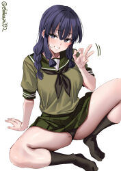  1girl arm_support artist_name black_neckerchief black_panties black_socks blunt_tresses blush braid breasts commentary_request ebifurya green_sailor_collar green_serafuku green_shirt green_skirt hand_up highres kantai_collection kitakami_(kancolle) knee_up long_hair looking_at_viewer medium_breasts motion_lines neckerchief no_shoes ok_sign one-hour_drawing_challenge panties pleated_skirt purple_eyes purple_hair sailor_collar school_uniform serafuku shirt short_sleeves sidelocks simple_background single_braid sitting skirt smile socks solo spread_legs thighs twitter_username underwear white_background 