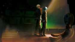  2boys animal black_jacket black_pants black_shoes blazer blue_hair building cat crosswalk dappled_moonlight dummy facing_away grey_hair hands_in_pockets highres holding holding_animal holding_cat jacket kotomeiro light_particles looking_at_another male_focus moonlight multiple_boys narukami_yu night night_sky open_clothes open_jacket outdoors pants persona persona_3 persona_4 road shoes side-by-side sky stage traffic_barrier yuuki_makoto_(persona_3) 